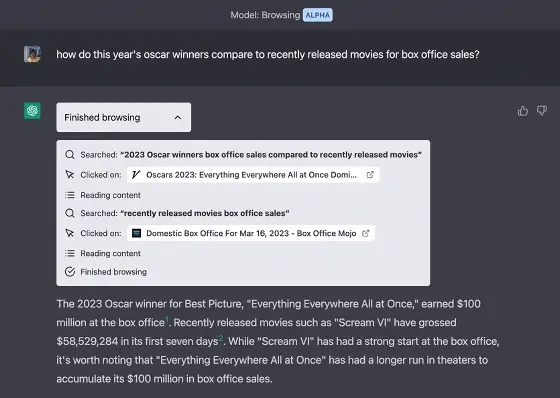 ChatGPTは、この「Browsing」を使い、最近公開された映画と比較して興行収入がどのように変わったかについて、下記のようにインターネット上から情報を収集して回答していることがわかります。