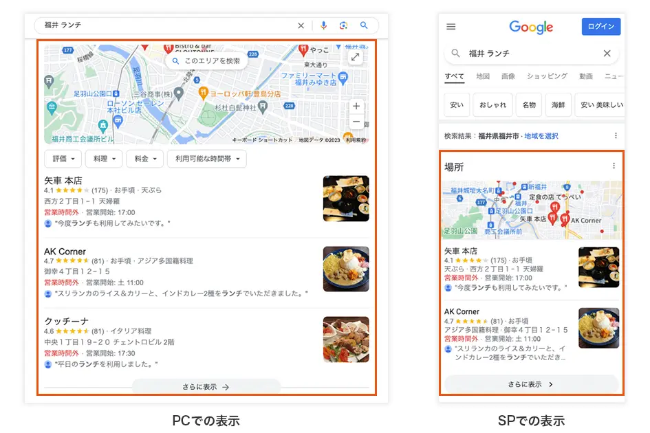 例えば、Googleで目的地近くのお店などを検索しようと思い、「地域＋業種」と言った検索キーワードに沿った近隣のおすすめの店舗が出てくるのを見たことないでしょうか？